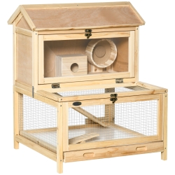 PawHut 2 Tiers Wooden Hamster Cage, Small Animal Cage Hutch with Pull-Out Tray, Openable Top, Ladder, Seesaw, Running Wheel