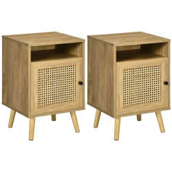 HOMCOM Set de 2 noptiere moderne pentru dormitor si living cu dulap si raft deschis, din PAL, ratan si MDF, 39x35x60 cm