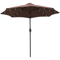 Outsunny Φ2.7m Garden Parasol with 24 LED Solar Light, Outdoor Tilt Sun Umbrella for Patio Club Party Event Manual Sun Shade w/ Hand Crank and 8 Ribs, Brown