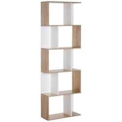 HOMCOM Estantería en Forma de S Alta con 5 Estantes Diseño Moderno para Salón Oficina 60x24x184,5cm Blanco y Madera