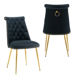 Lot de 2 chaises de salle à manger en velours, dossier haut avec dossier bouclé et pieds en métal, pour salon, salle à manger, cuisine, Noir