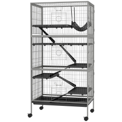 PawHut Colivie pentru Rozătoare cu 4 Intrări Multi-Nivel cu Hamac, Cușcă Metalică & PP, 80x52x159 cm, Argintiu și Negru