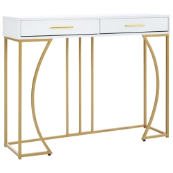 Tavolo Consolle con 2 Cassetti, Maniglie Dorate e Gambe Regolabili, Design Elegante e Moderno, in MDF, 110 x 32 x 85 cm, Bianco