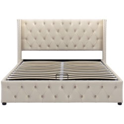 Cama tapizada con cajón hidráulico y somier, 140×200 cm, Beige