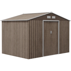 Outsunny Sopron Metalic pentru Unelte, Magazie Gradina Spatioasa cu Usi Glisante si Acoperis in Doua Ape, 277 x 195 cm, Maro