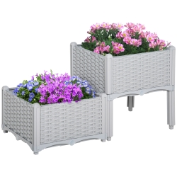 Outsunny Juego de 2 Jardineras de Exterior Cuadradas Imitación a Mimbre Combinación Libre para Jardín Patio 40x40x26/44 cm Gris