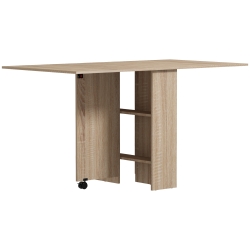 HOMCOM Mesa Plegable con 2 Alas Abatibles de Madera 2 Estantes y Ruedas para Cocina Comedor 75x140x74 cm Madera Natural