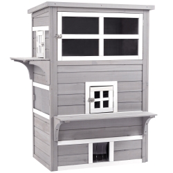 PawHut Caseta para Gatos de Madera Exterior Casa Grande para Gatos de 3 Pisos con Múltiples Entradas Ventanas y 2 Plataformas para Terraza Balcón Jardín 93,5x67x117 cm Gris