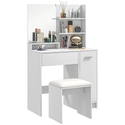 HOMCOM Tocador de Maquillaje con Taburete Espejo Cajón Estante Ajustable y Estantes Abiertos Anti-vuelco Blanco y Beige