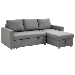 HOMCOM Canapé d'angle convertible canapé lit canapé 3 places modulable avec méridienne réversible, coffre de rangement intégré et 3 coussins de dossier, tissu aspect lin, gris