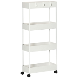 HOMCOM Carrito Organizador Carrito Auxiliar con 4 Cestas y 4 Ganchos Extraíbles para Cocina Baño Salón 40x19x90 cm Blanco