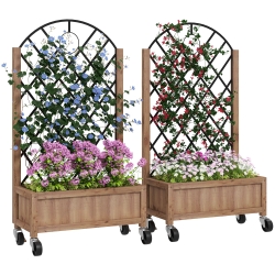 Outsunny 2-delige set verhoogde bloembedden met wielen, klimrek, trellispot bloembak hout 52x25x97cm Bruin