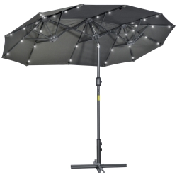 Outsunny Doppelter Sonnenschirm mit Kreuzsockel und Solarlichtern, 295x150x219cm, Grau