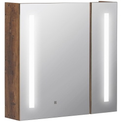 kleankin Armário com Espelho de Casa de Banho com Luz LED Suspenso 2 Portas e Interruptor Tátil Estilo Moderno 70x15x65cm Marrom Rústico