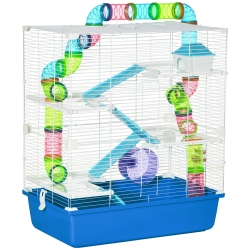 PawHut Cușcă pentru hamsteri cu 5 niveluri, cu tuburi, căsuță, rezervor de apă și roată, din oțel, PP și PS, 59x36x69 cm, albastră și albă