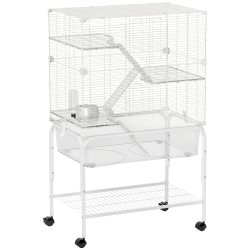 PawHut Jaula para Animales Pequeños de 4 Niveles con Ruedas Bandeja Profunda Rampas Plataformas y Comedero 73x47x123 cm Blanco