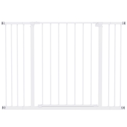 PawHut Barrera de Seguridad Extensible para Puertas y Escaleras para Perros y Bebé, Barrera para Mascotas, Ajuste a Presión, Apertura con Una Sola Mano, 2 Extensiones 15/10 cm, 76-107x76 cm, Blanco