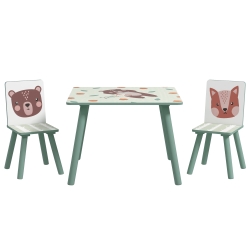 ZONEKIZ Set masa si scaun 3 piese pentru copii MDF lemn de pin desene animale verde distractie copii indemanare confortabil pentru copii model cu desene
