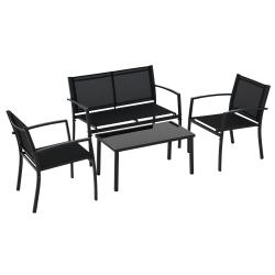 Outsunny Salotto da Esterno, Set 4 Pezzi con 1 Tavolino, 2 Sedie da Giardino e 1 Panca in Metallo, Nero