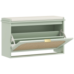 HOMCOM Boho Shoe Bench with Padded Seat and Flip-Drawer - Light Green