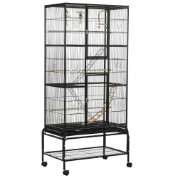 PawHut Jaula para Pájaros con Ruedas 83x53x180 cm Pajarera Metálica de 3 Niveles con 3 Perchas Comederos Juguetes Rampas Negro