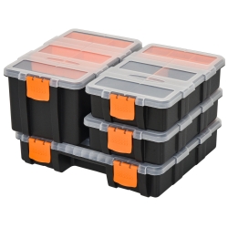 DURHAND Set of Four Plastic DIY Tool Storage Boxes with Inside Dividers Locking Lids for Home Garage Stacking Arts Crafts Bolts Black and Orange