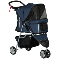 PawHut Carrito para Perros Pequeños con Cesta de Almacenaje Ventanas de Malla y 2 Ruedas Universales 75x45x97 cm Azul Oscuro