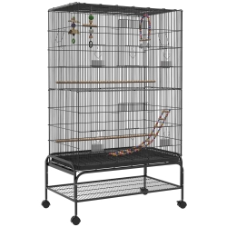 PawHut Gaiola para Pássaros com Rodas Comedouros Poleiros Prateleira Inferior Bandeja Removível 97x58x160 cm Preto