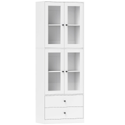 HOMCOM Alacena de Cocina Alta con 4 Puertas de Vidrio 2 Cajones Estantes Ajustables 59x30x170 cm Blanco