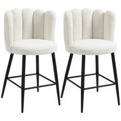 HOMCOM Lot de 2 chaises hautes tabourets de bar avec repose-pieds acier tissu effet laine bouclée hauteur 65 cm crème noir