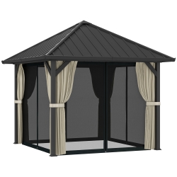 Outsunny 3 x 3 m Hartdach-Pavillon, Gartenpavillon mit Metalldach, Wasserfestes Gartenzelt mit Netz und Seitenwänden, Dunkelgrau