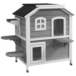 PawHut Katzenhaus aus Holz 2-Etagen Winterfest wasserdicht Katzenhütte mit Asphaltdach klappbarem Deckel Treppe Katzenhöhle Outdoor Schutzhütte für Draußen Garten Balkon 99,5 x 76 x 91 cm Grau