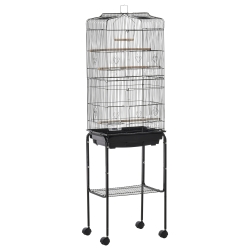 PawHut Jaula para Pájaros con Soporte Jaula Metálica con Ruedas Bandeja Extraíble y Estante 46,5x36x157 cm Negro