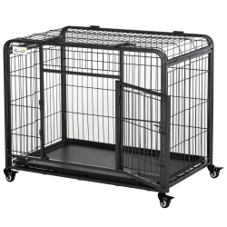 PawHut Gaiola Dobrável para Cão Caixa de Transporte com Rodízios 2 Portas Trancáveis Bandeja Amovível 94x58x69,5 cm Cinza Escuro