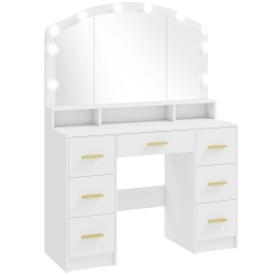 HOMCOM Tocador de Maquillaje con Luces LED de 3 Colores Tocador con Espejo 7 Cajones y 3 Compartimentos Blanco