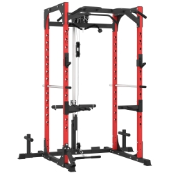 SPORTNOW Stazione Fitness con Supporto per Bilanciere e Barra per Trazioni e Dip, in Acciaio, 191x153x205 cm, Rosso e Nero