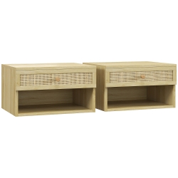 HOMCOM Set 2 Comodini con Cassetto e Ripiani Aperti in stile Boho, in Truciolato e Rattan, 40x34x23 cm