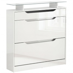 HOMCOM Mueble Zapatero de 2 Puertas Zapatero Estrecho para 16 Pares de Zapatos con Cajón Estante Abierto y Encimera de Vidrio para Pasillo Entrada 89x23x96 cm Blanco