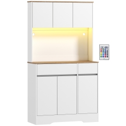 HOMCOM Aparador de cocina mueble alto con luz LED RGB, encimera, 6 puertas, 2 cajones, blanco