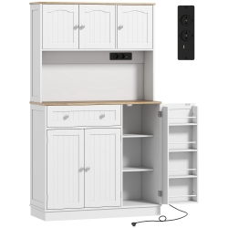 HOMCOM Alacena de Cocina con Estación de Carga 6 Puertas 1 Cajón Estantes Ajustables Encimera Amplio 100x40x173 cm Blanco