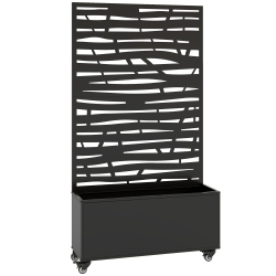 Outsunny Jardinieră cu spalier, cuvă din metal pentru flori cu panou pentru intimitate și roți, spalier decupat în lamele, 90x30x160cm, negru