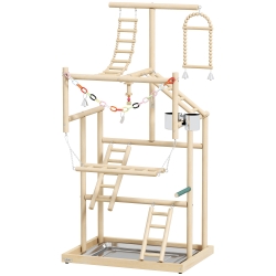 PawHut Trespolo per Pappagalli con Giochi, Scale, Catene, Ciotole, Vassoio Rimovibile e Posatoi, Legno Naturale