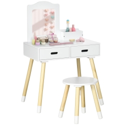 ZONEKIZ Coiffeuse enfant table de maquillage avec tabouret miroir et 2 tiroirs 3 à 6 ans 60 x 40 x 95 cm blanc et bois