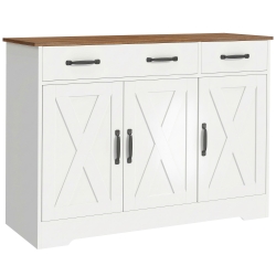 HOMCOM Aparador de cocina, mueble de almacenamiento con 3 puertas de granero, 2 cajones y estantes regulables, 108 x 40 x 81 cm, blanco