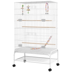 PawHut Cage à oiseaux sur pieds roulettes avec 4 mangeoires et 3 perchoirs 79 x 49 x 133 cm blanc