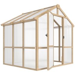 Outsunny 6.6 x 6ft Polycarbonate Greenhouse, Walk-in Wooden Greenhouse with Lockable Door and Window, Garden Plants Grow House, Brown