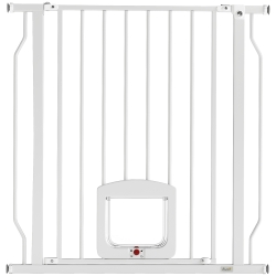 PawHut Barrera de Seguridad para Perros con Puerta Pequeña para Escaleras y Puertas 75-85 cm con Doble Bloqueo Blanco