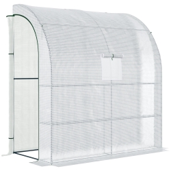 Outsunny Walk-In Lean to Wall Greenhouse - with Windows and Doors, 2 Tiers, 4 Wired Shelves, 200L x 100W x 215H cm, White