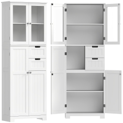 HOMCOM Mueble Alto de Almacenamiento Armario con Puertas de Cristal y Estantes Ajustables para Baño Cocina Salón Blanco