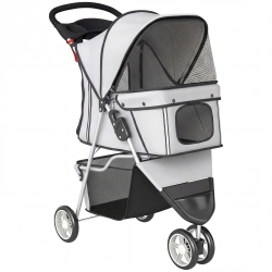 PawHut Carrito para Perros Pequeños Plegable hasta 10 kg con 3 Ruedas Capota Ajustable Cesta Ventanas de Malla Portavasos Gris
